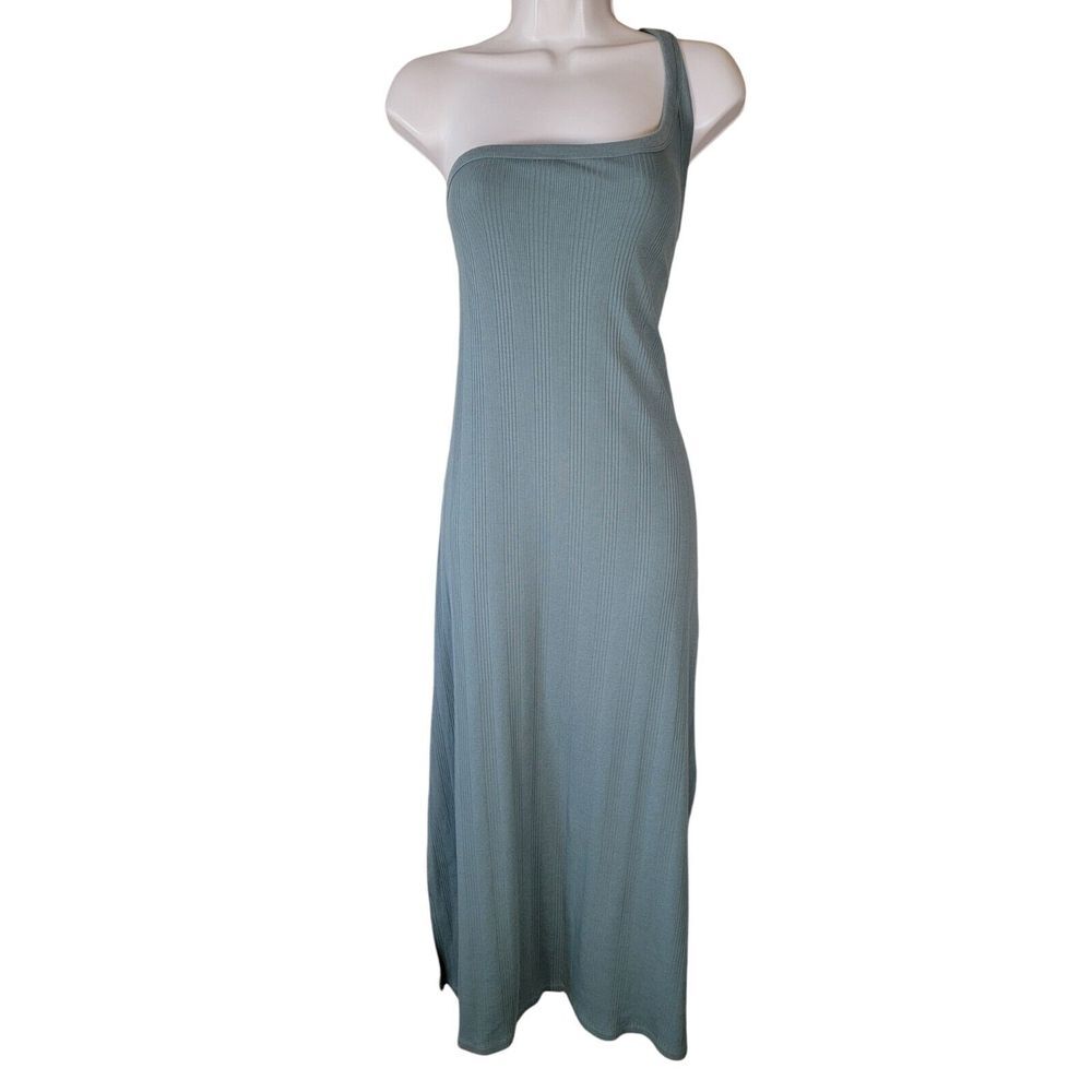 Aerie Size XL Green‎ One Shoulder Ribbed Midi Dress Side Slits Knit Stretchy